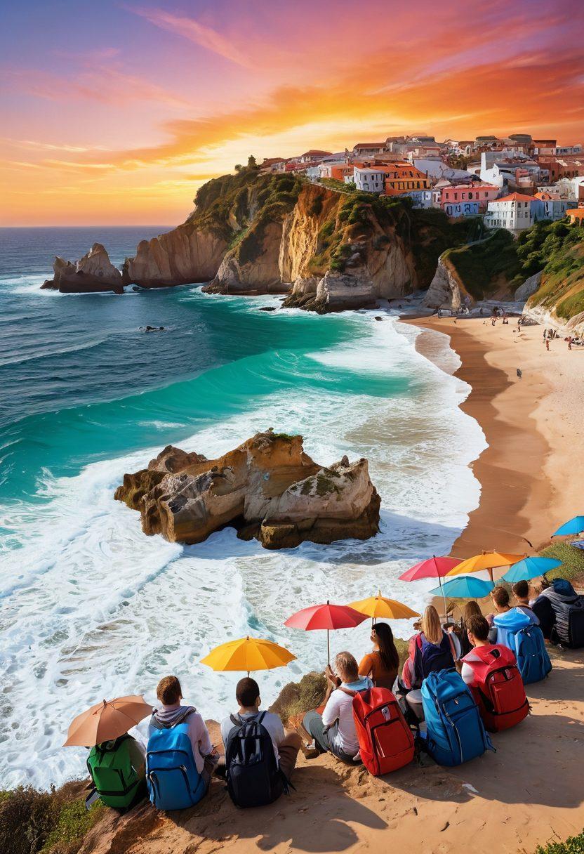 A breathtaking coastal landscape transitioning from a serene beach to rugged cliffs, dotted with colorful beach umbrellas and cultural landmarks like ancient ruins and local markets. In the foreground, a diverse group of travelers with backpacks, taking notes and photos, embodying the spirit of adventure and exploration. The sky is painted with warm sunset hues, symbolizing the endless possibilities of travel. painting. vibrant colors. 3D.