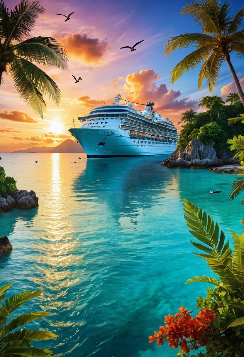 A majestic cruise ship sailing through crystal-clear turquoise waters, surrounded by lush tropical islands and a vibrant sunset sky. Adventurous travelers on deck, enjoying the thrill of the journey while seagulls fly overhead. Incorporate elements of exploration like maps and compasses scattered around. super-realistic. vibrant colors. tropical theme.